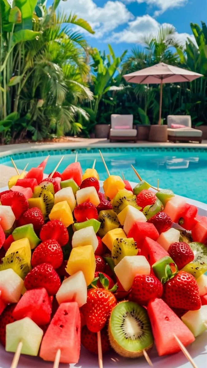 Colorful selection of pool party snacks for kids including finger foods