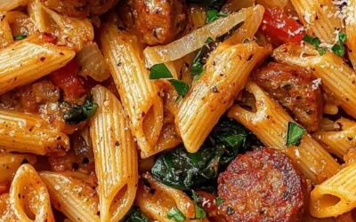 Creamy Cajun Sausage Pasta dish with colorful ingredients and spices