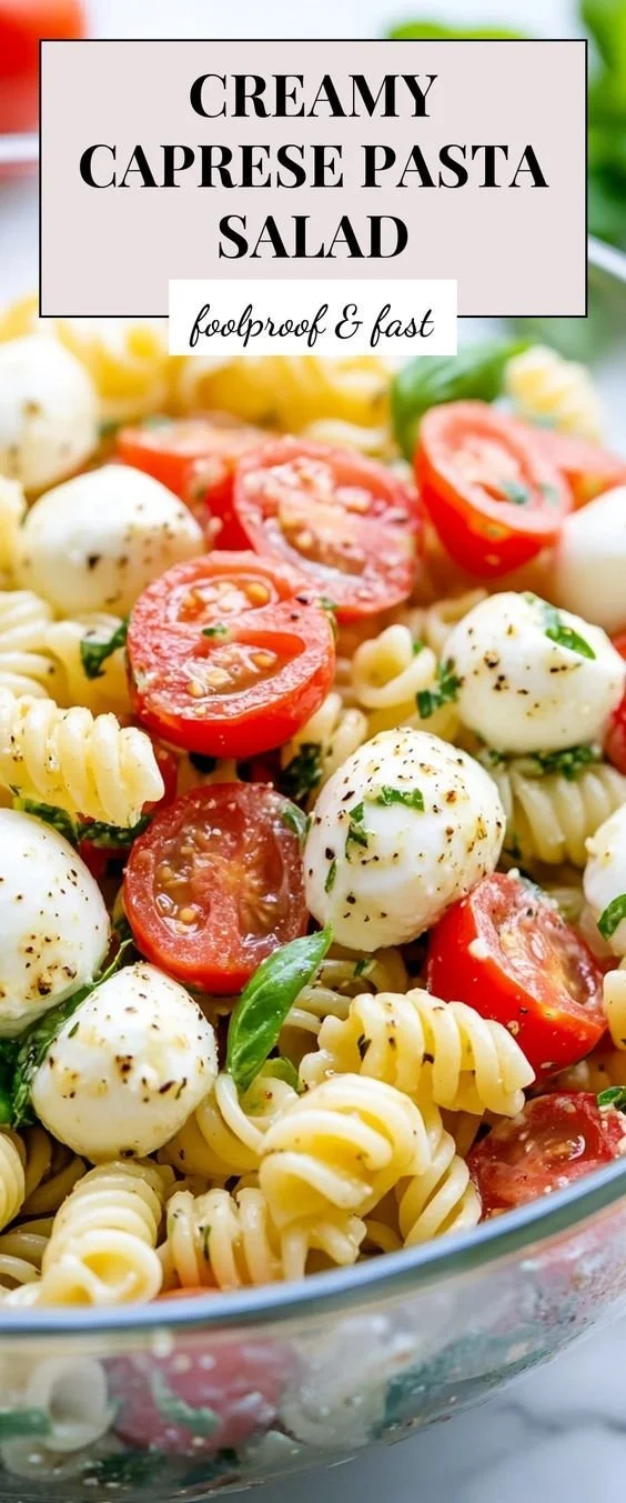 Creamy Caprese pasta salad with fresh tomatoes and mozzarella