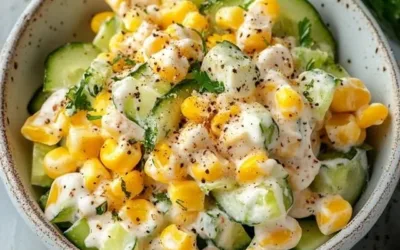 Creamy Corn and Cucumber Salad in a bowl with fresh herbs and dressing