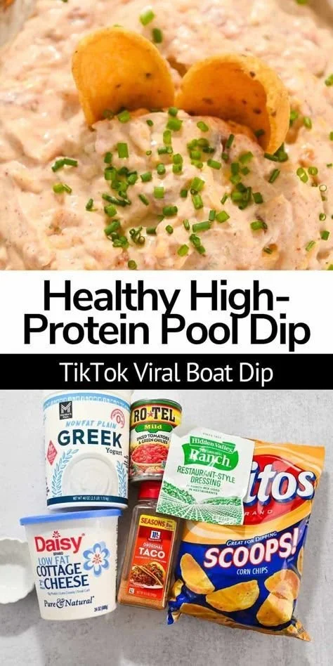 Creamy high-protein dip served in a bowl by the poolside