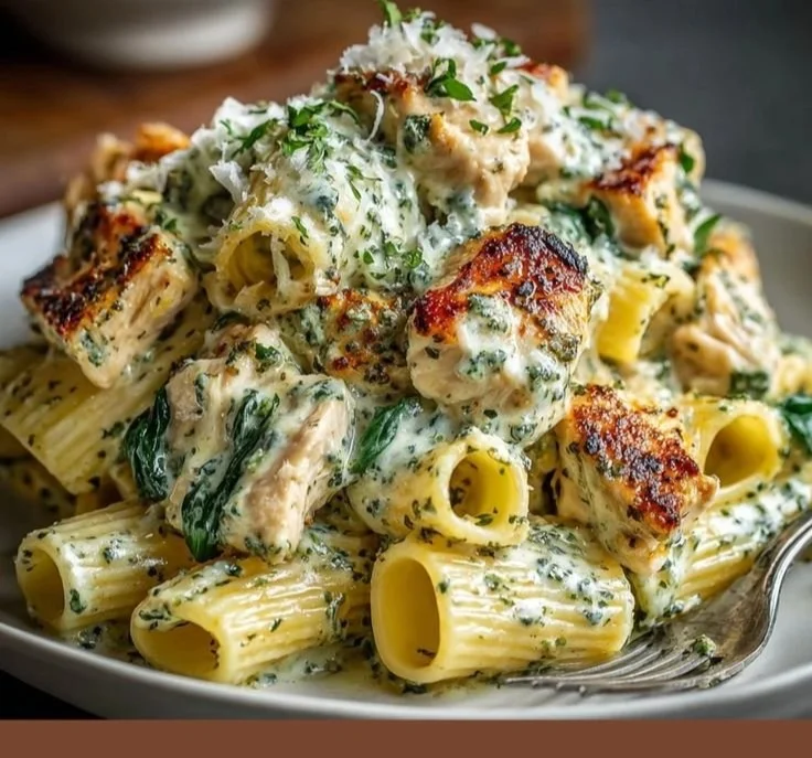 Creamy pesto chicken pasta served in a bowl with fresh ingredients.