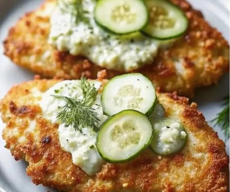 Crispy Dill Pickle Parmesan Chicken served on a plate with a side of veggies