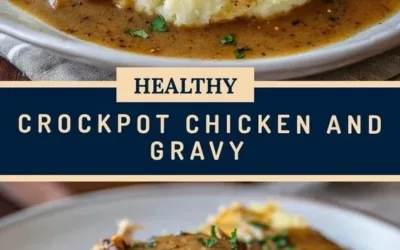 Delicious Crockpot chicken and gravy served with rice and vegetables.