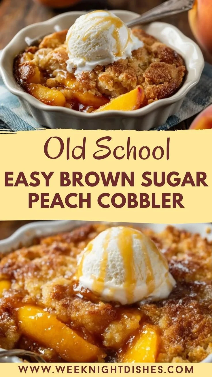 Delicious easy brown sugar peach cobbler served in a rustic dish