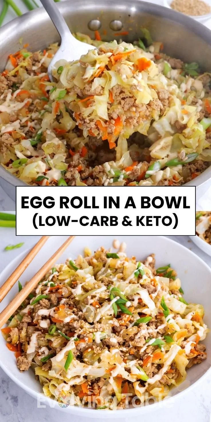 A colorful Egg Roll in a Bowl dish garnished with green onions and sesame seeds