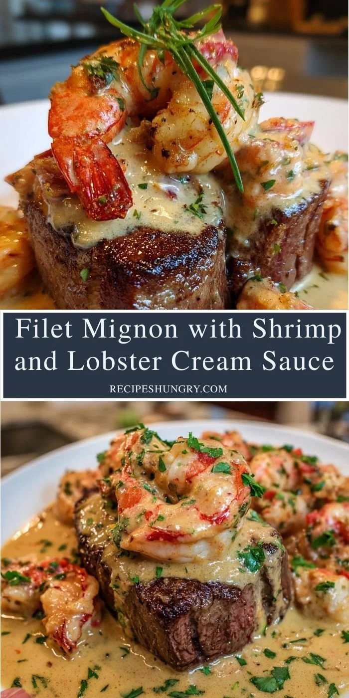 Delicious Filet Mignon topped with Shrimp and Lobster Cream Sauce