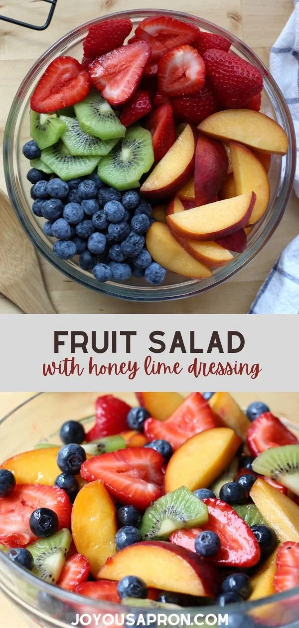 Colorful fruit salad with honey lime dressing served in a bowl