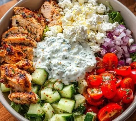 Delicious Greek Chicken Bowl with fresh vegetables and herbs served in a bowl