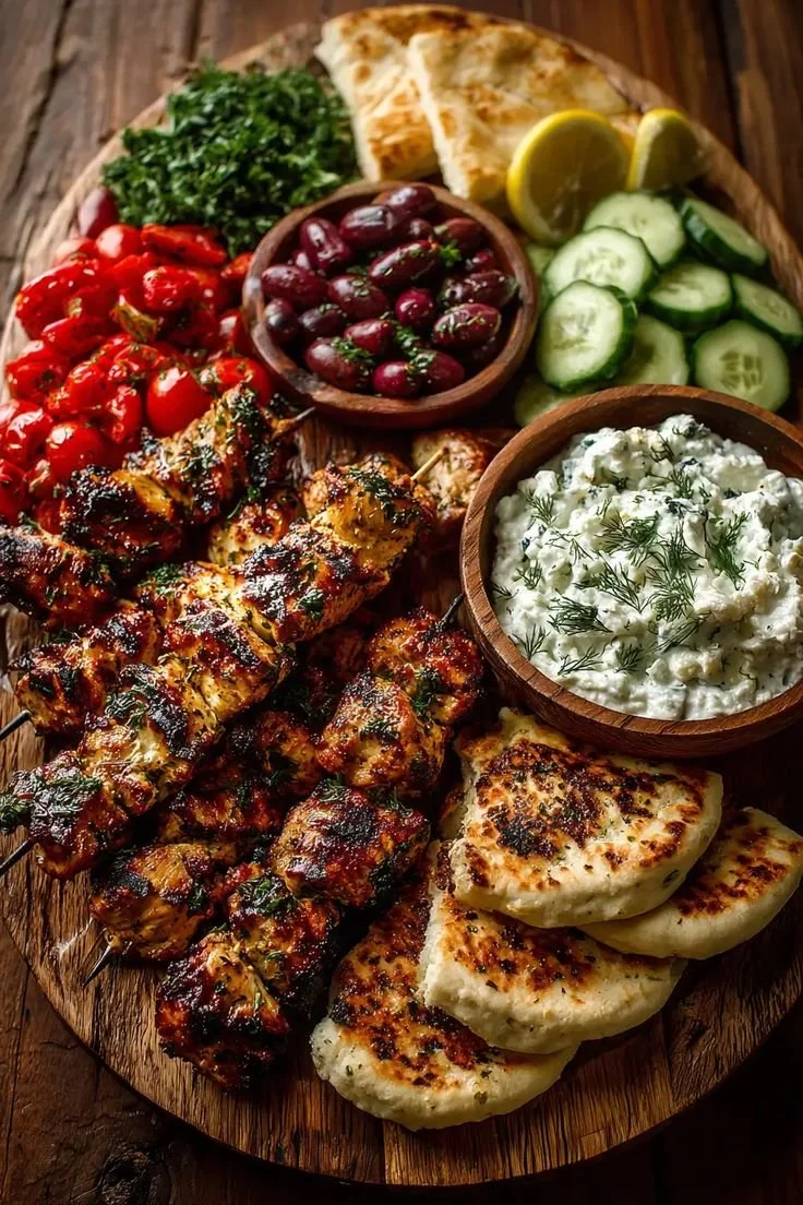 Greek Chicken Souvlaki Grazing Board with Feta Dip – A Mediterranean Feast to Share