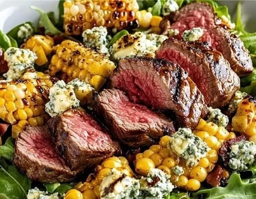 Grilled balsamic steak salad with fresh greens and vegetables
