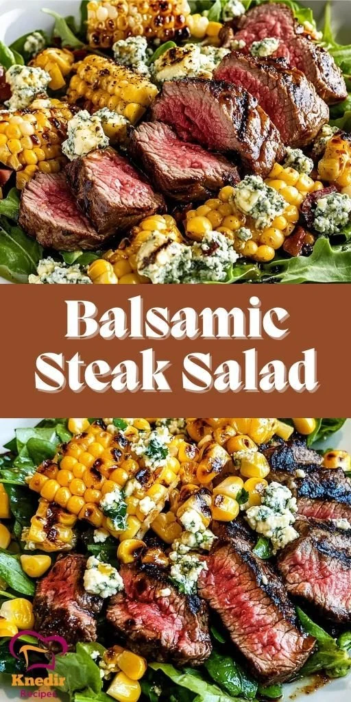 Grilled balsamic steak salad with fresh vegetables and dressing