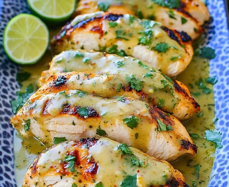 Grilled salsa verde chicken topped with pepper jack cheese on a plate
