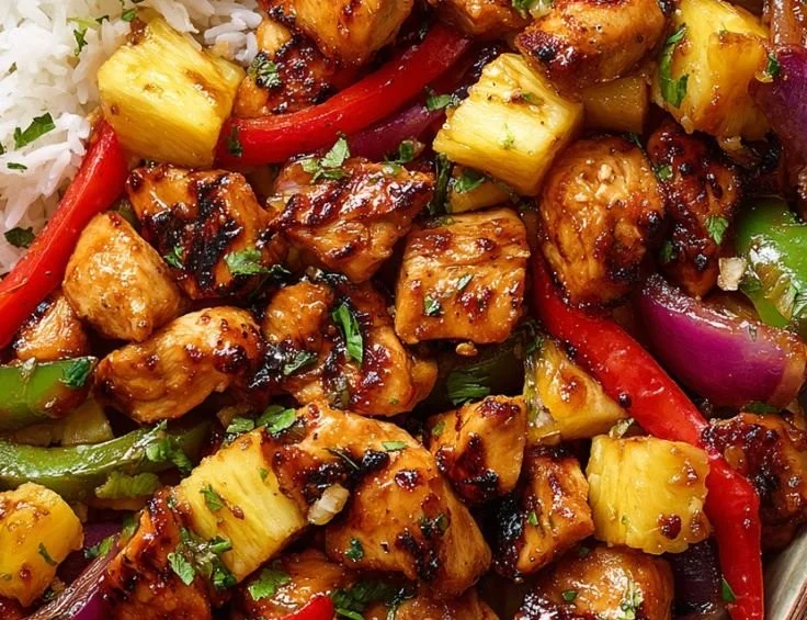 Hawaiian Chicken Sheet Pan with colorful vegetables ready to serve
