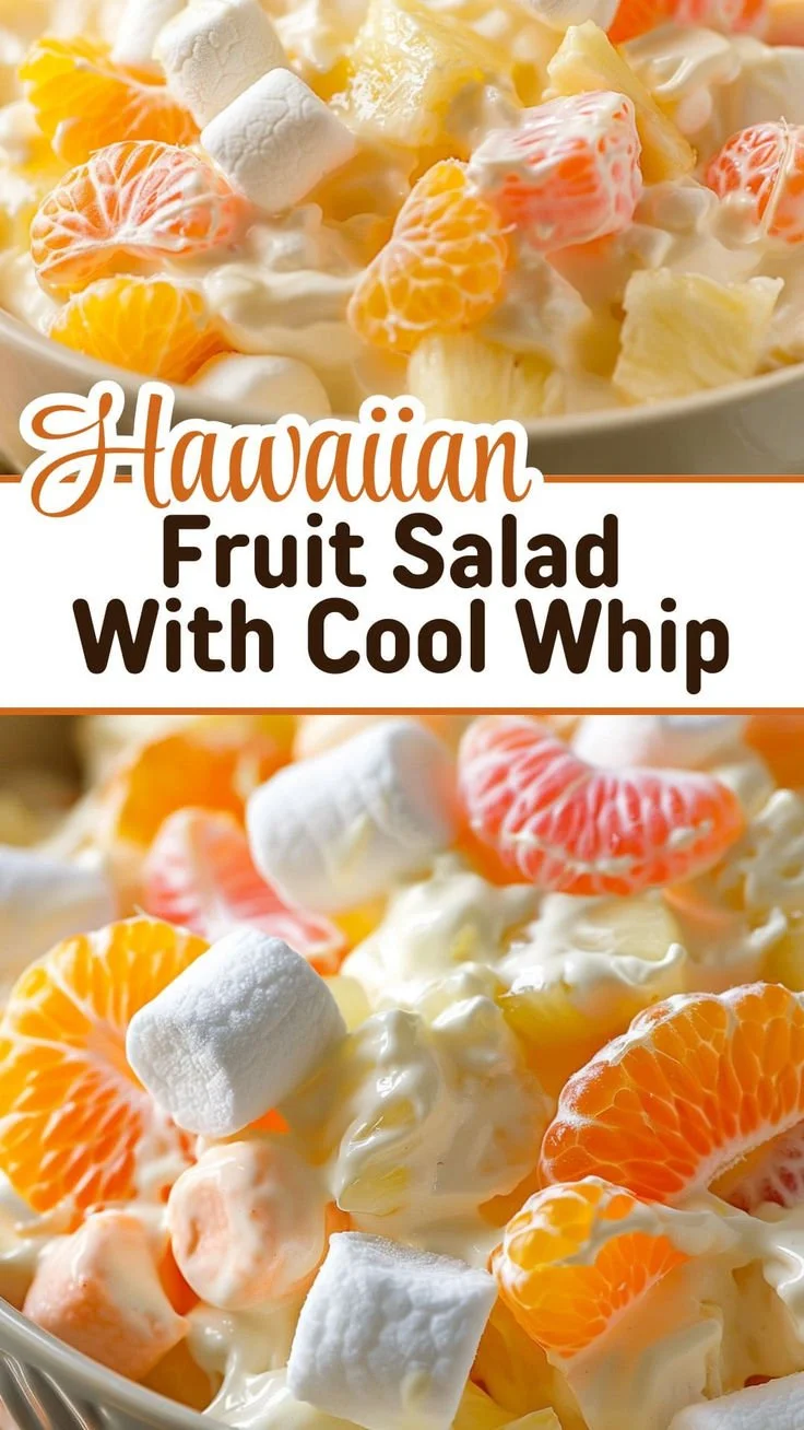 Hawaiian fruit salad with Cool Whip topped with fresh fruits in a bowl