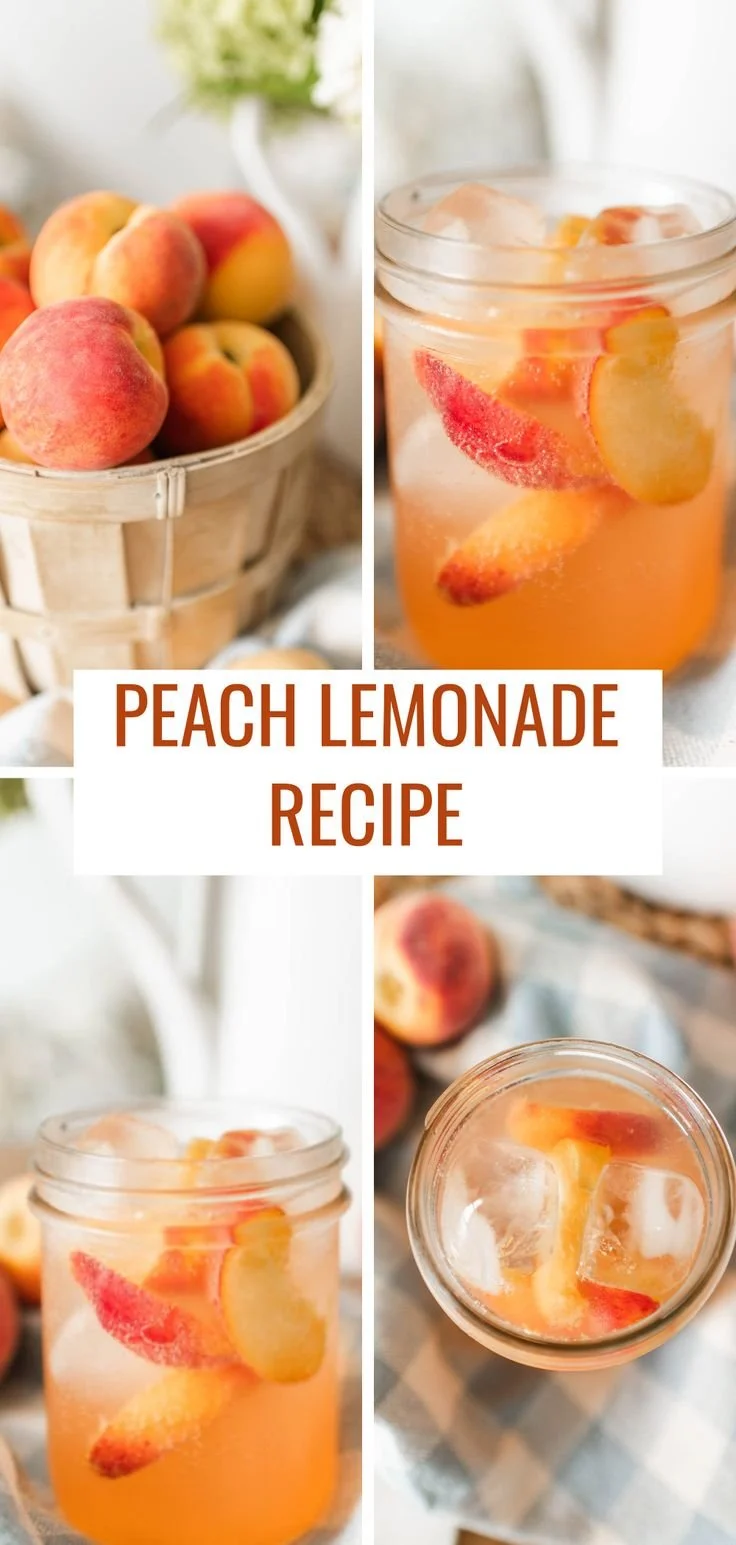 A refreshing glass of homemade peach lemonade with slices of fresh peaches.