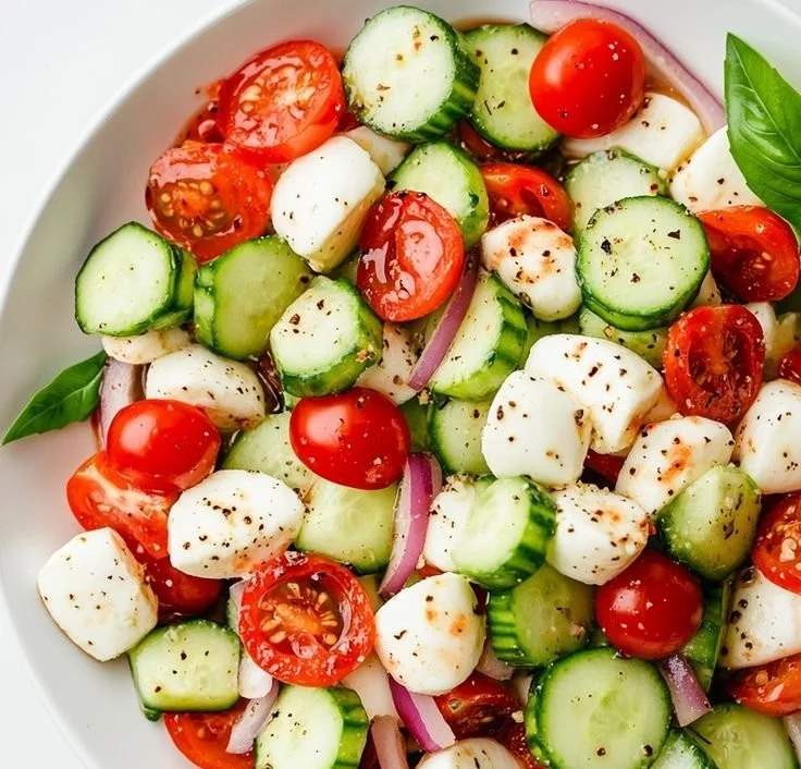 Juicy Cucumber Caprese Salad with fresh basil, mozzarella, and tomatoes