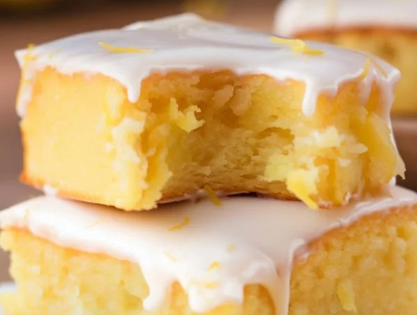 Plate of delicious lemon brownies with lemon slices and powdered sugar garnish