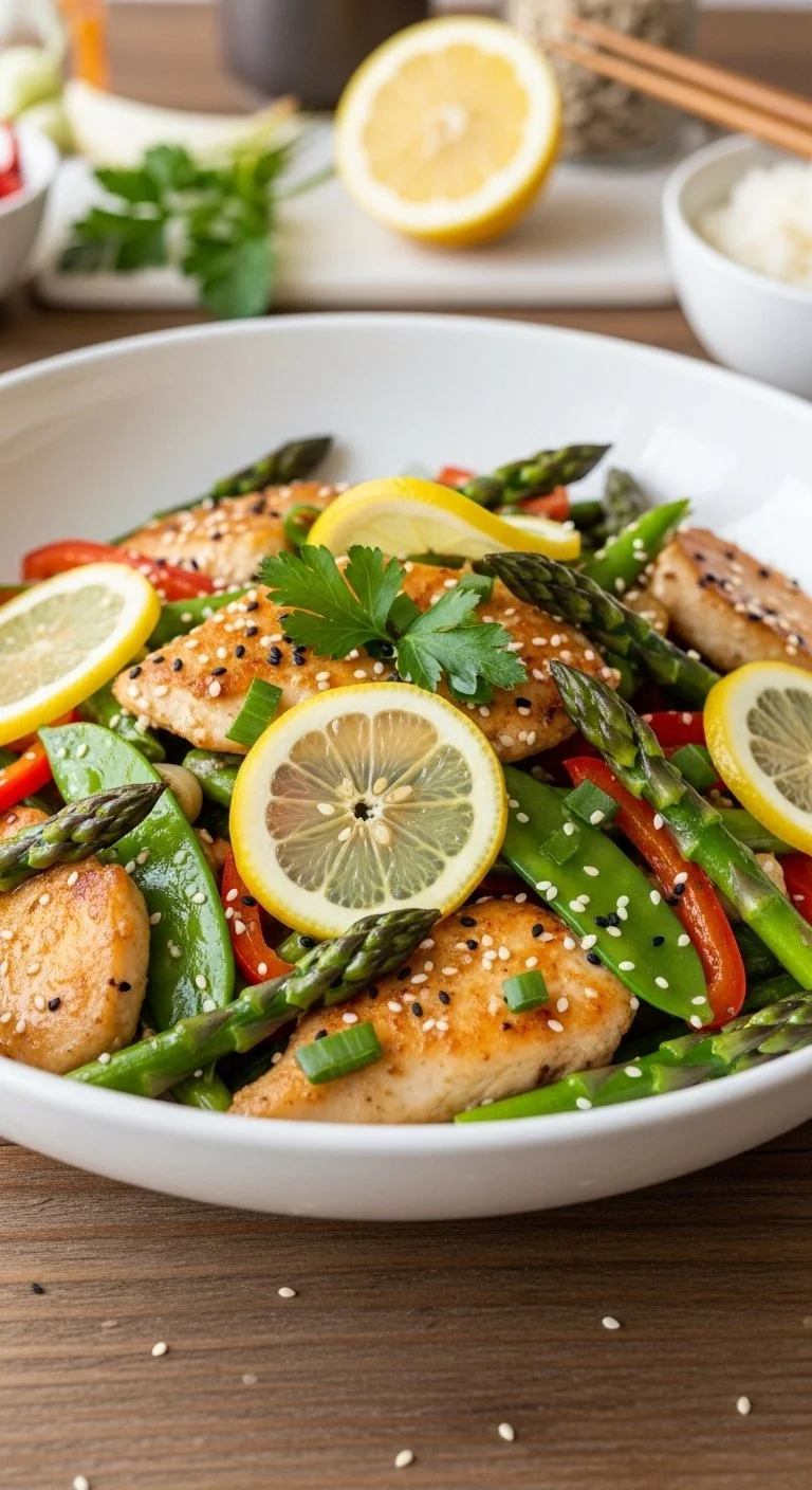 Lemon chicken stir-fry with asparagus in a colorful bowl