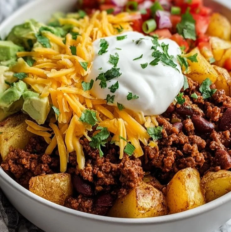 Loaded Potato Taco Bowl with crispy potatoes and fresh toppings