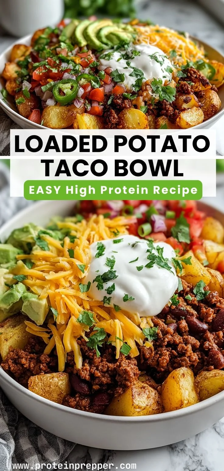 Delicious Loaded Potato Taco Bowl topped with cheese, sour cream, and fresh veggies.