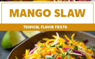 Colorful Mango Slaw with fresh vegetables and dressing in a bowl