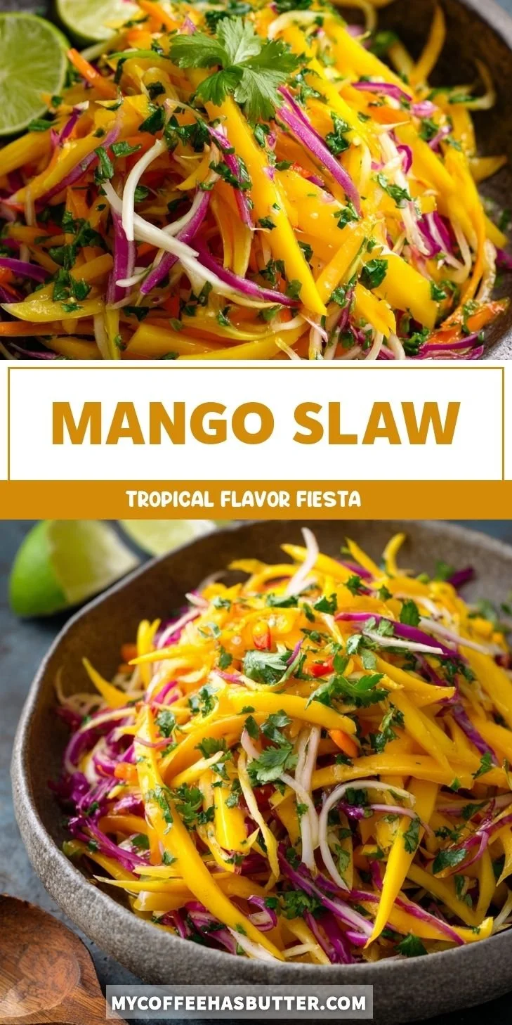 Delicious and colorful mango slaw served in a bowl