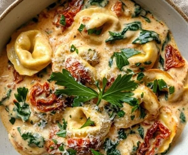 Delicious Marry Me Tortellini served in a rustic bowl with fresh herbs