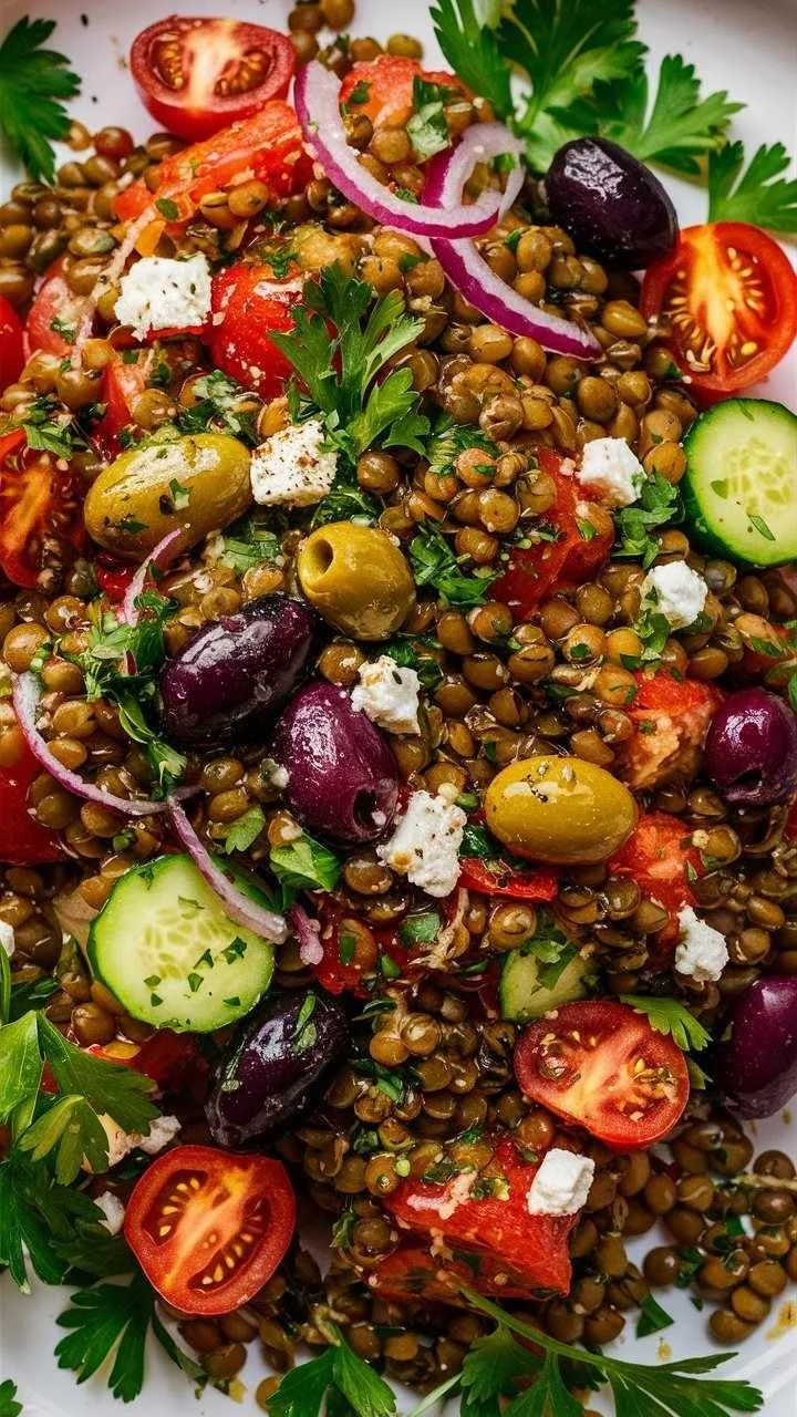 Colorful Mediterranean Lentil Salad with vegetables and herbs