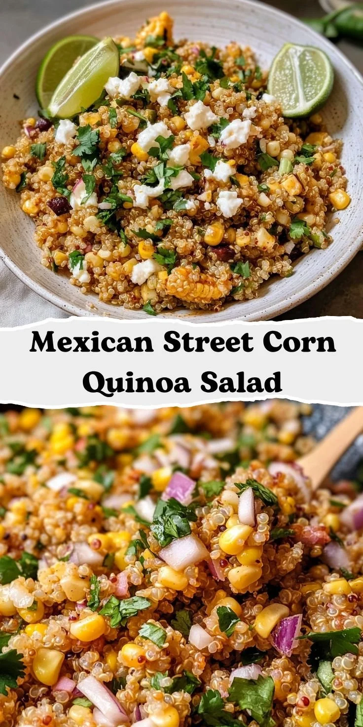 A colorful dish of Mexican Street Corn Quinoa Salad topped with fresh herbs and lime.