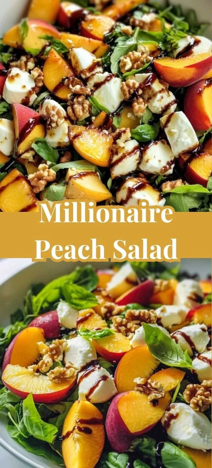A vibrant bowl of Millionaire Peach Salad featuring fresh peaches and greens.