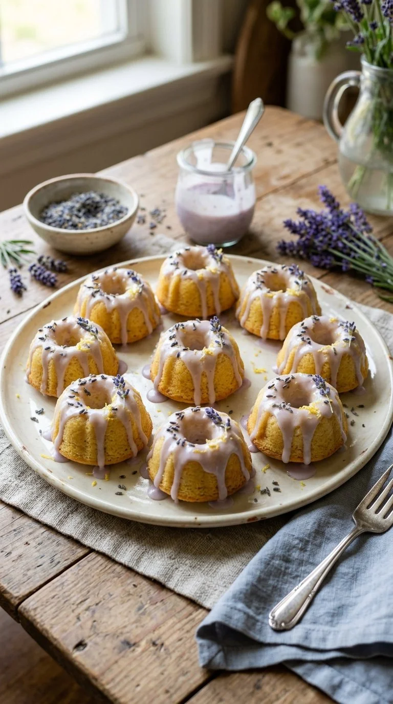 Mini lemon cakes drizzled with lavender glaze, beautifully presented.