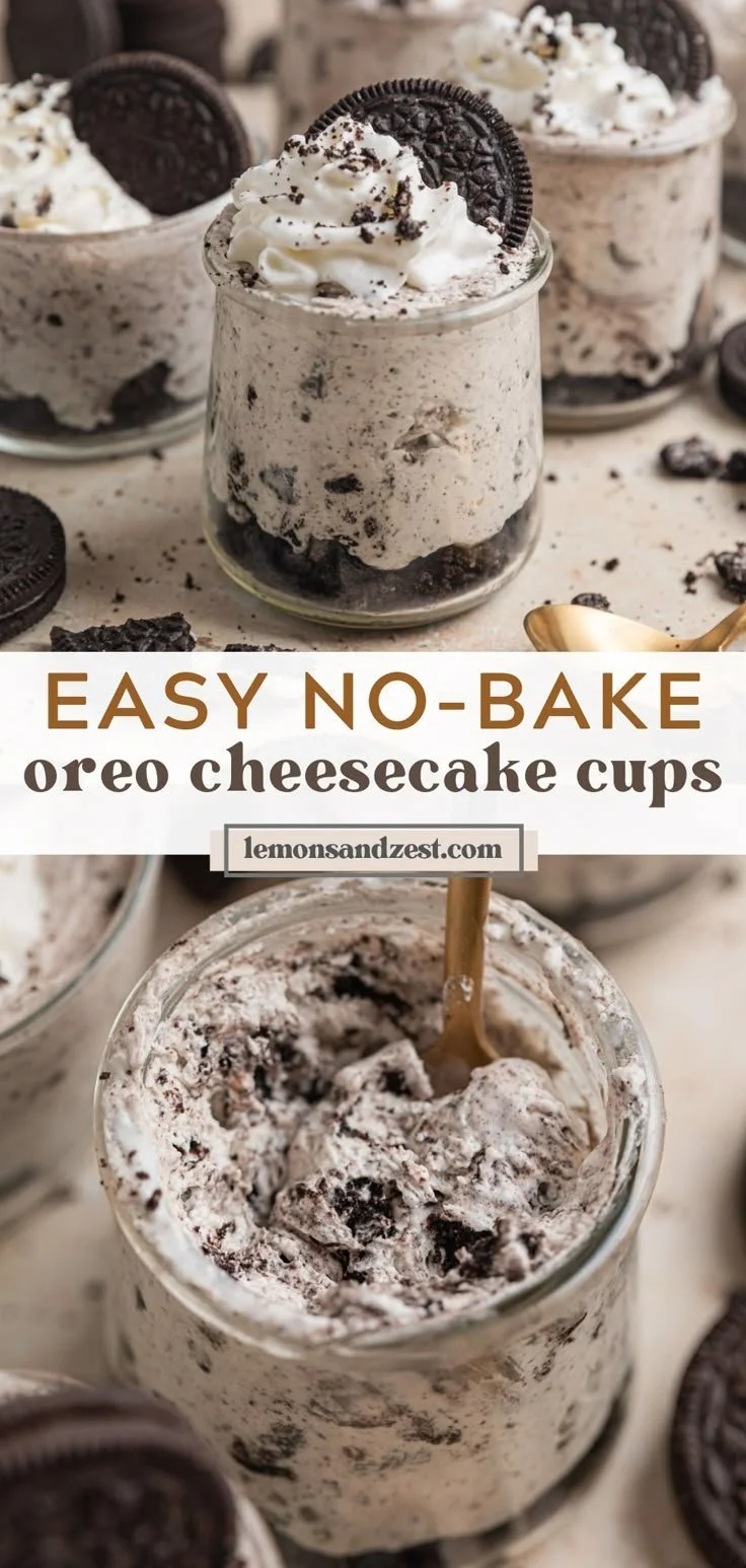 No Bake Oreo Cheesecake Cups in dessert cups, topped with Oreo crumbles.