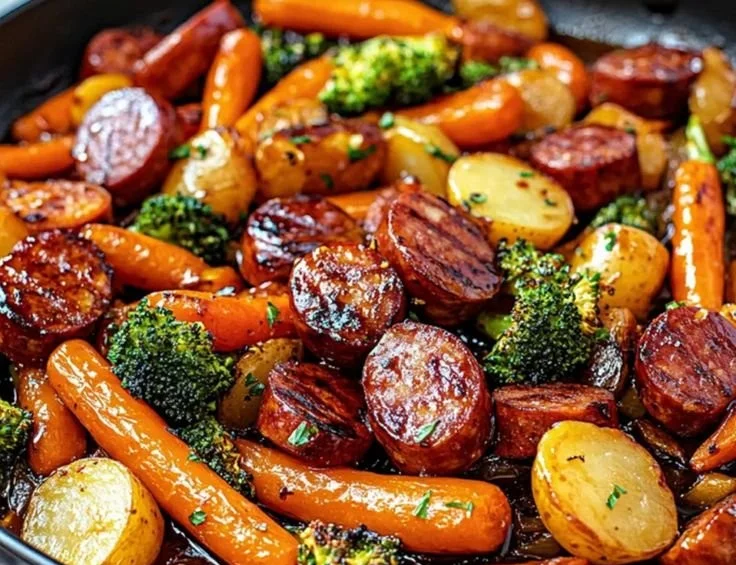 One-Pan Honey Garlic Kielbasa and Veggies dish garnished and ready to serve.
