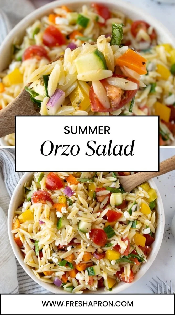 Colorful bowl of orzo salad with vegetables and vinaigrette dressing