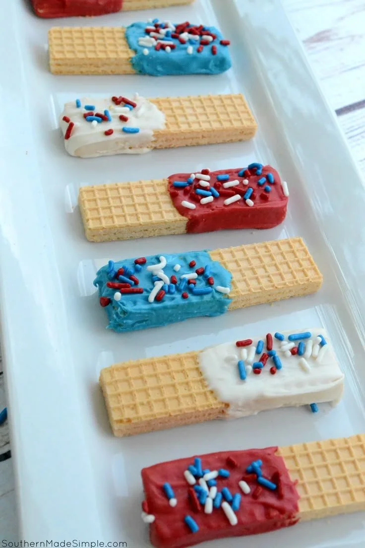Patriotic Sugar Wafers in red, white, and blue packaging, ideal for celebrations.