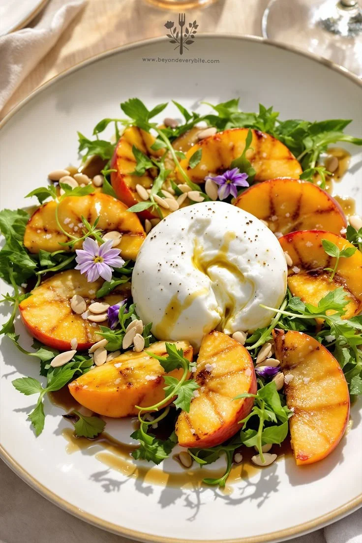 Fresh Peach Burrata Salad with basil and balsamic dressing