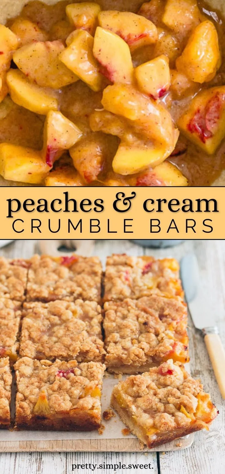 Delicious peach crumb bars topped with a golden crumb crust