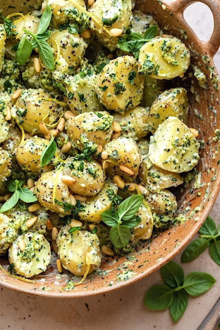 Delicious Pesto Potato Salad with fresh herbs and creamy potatoes