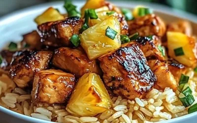 Pineapple Chicken served with rice on a plate, garnished with fresh herbs.