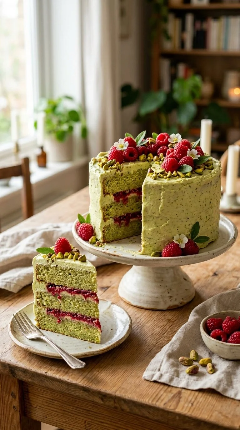 Pistachio Raspberry Cake with vibrant colors and garnished with fresh raspberries