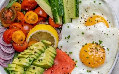 Quick smoked salmon and egg breakfast bowls served in a colorful dish