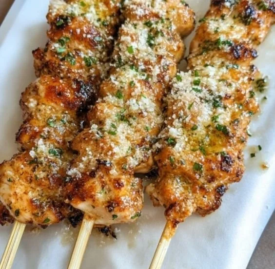 Ranch Garlic Parmesan Chicken Skewers ready for grilling, showcasing juicy chicken and garlic parmesan flavor.