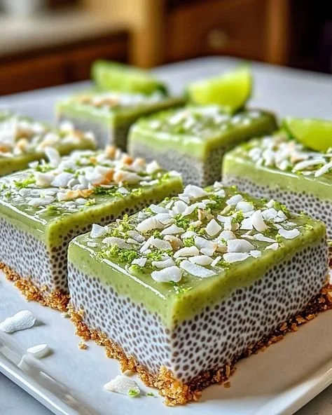 No-bake chia pudding bars with coconut and lime flavor on a plate