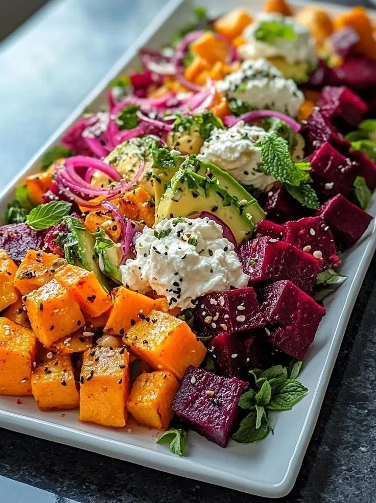 Roasted Beet, Sweet Potato & Avocado Salad with Whipped Ricotta & Lemon-Tahini Drizzle