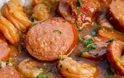 Delicious Shrimp and Sausage Gumbo served in a bowl with herbs and spices