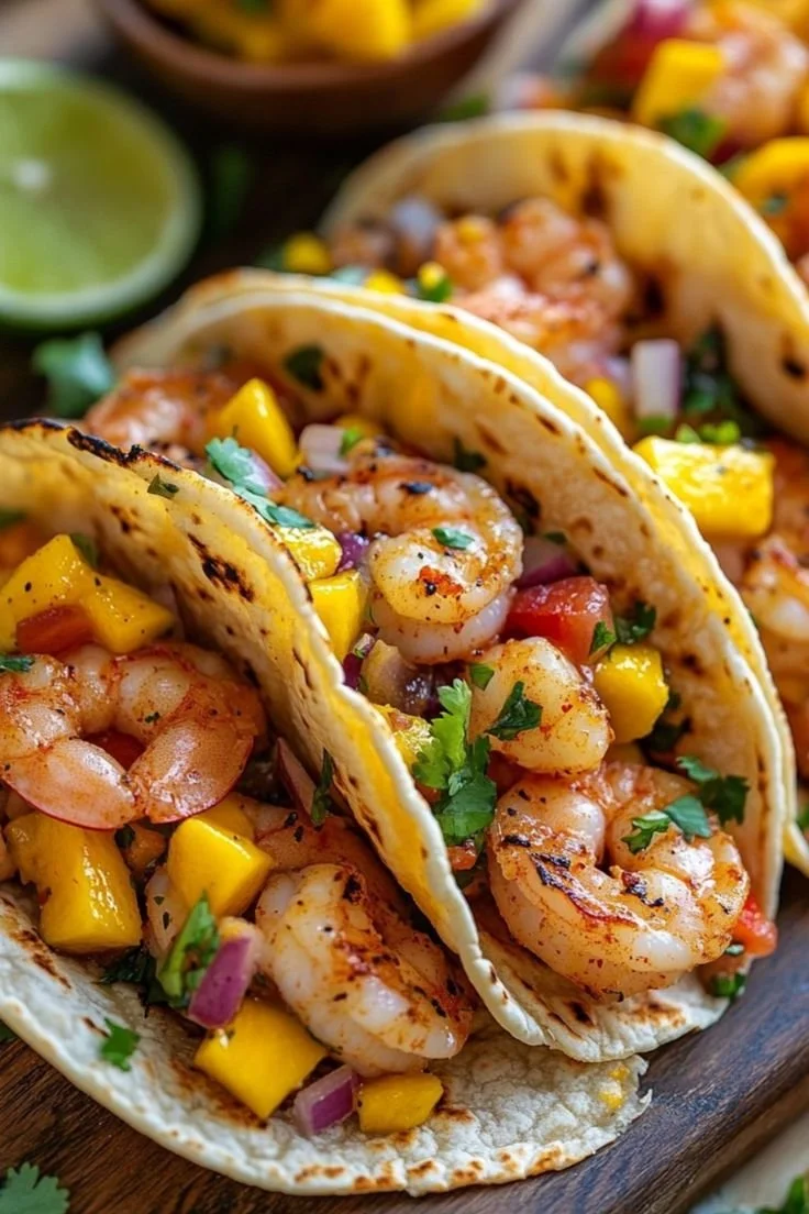 Delicious spicy shrimp tacos garnished with vibrant mango salsa