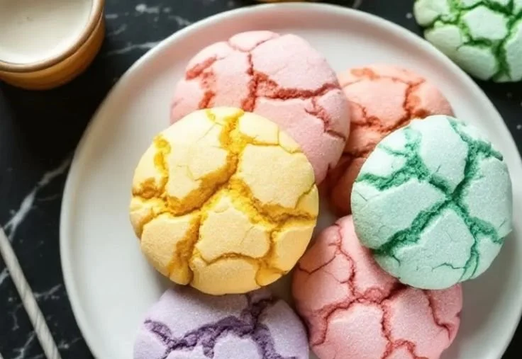 Springtime Crinkle Cookies with powdered sugar coating on a plate