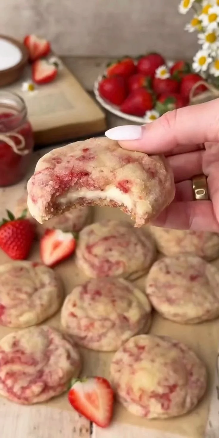 Delicious strawberry cheesecake cookies on a plate with fresh strawberries
