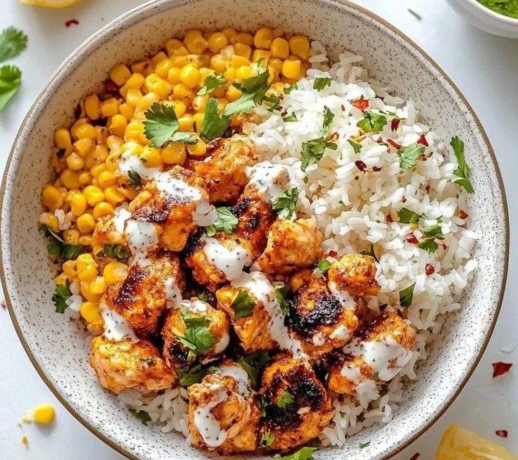 Delicious street corn chicken rice bowl topped with fresh ingredients.